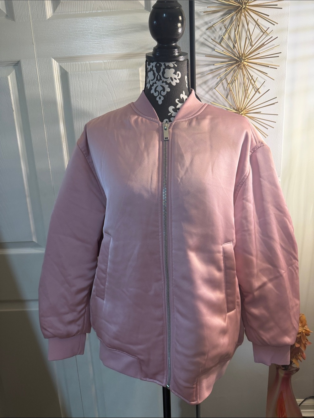 Women's Soft Pink Bomber Jacket with Ribbed Trim